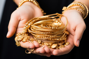 closeup of female hand holding gold jewelry, ornaments - Asset or Gold Loan concept.
