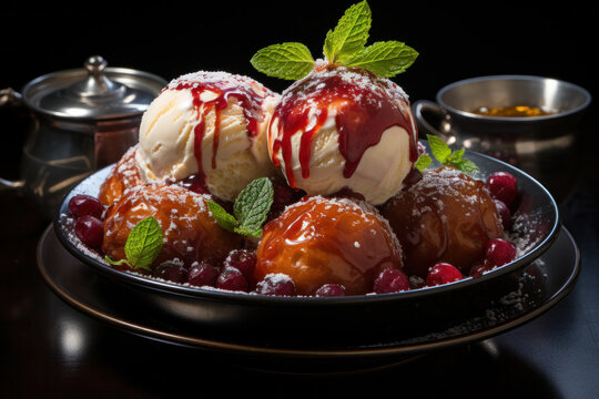 Gulab Jamun dessert with Vanila Ice cream served in a bowl