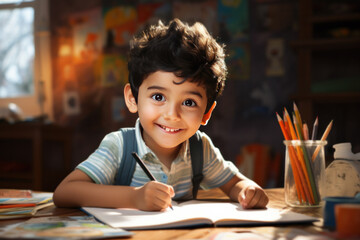 Indian small girl or boy drawing and colouring with colour pencils at home