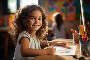 Indian small girl or boy drawing and colouring with colour pencils at home