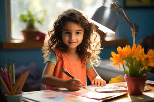 Indian small girl or boy drawing and colouring with colour pencils at home