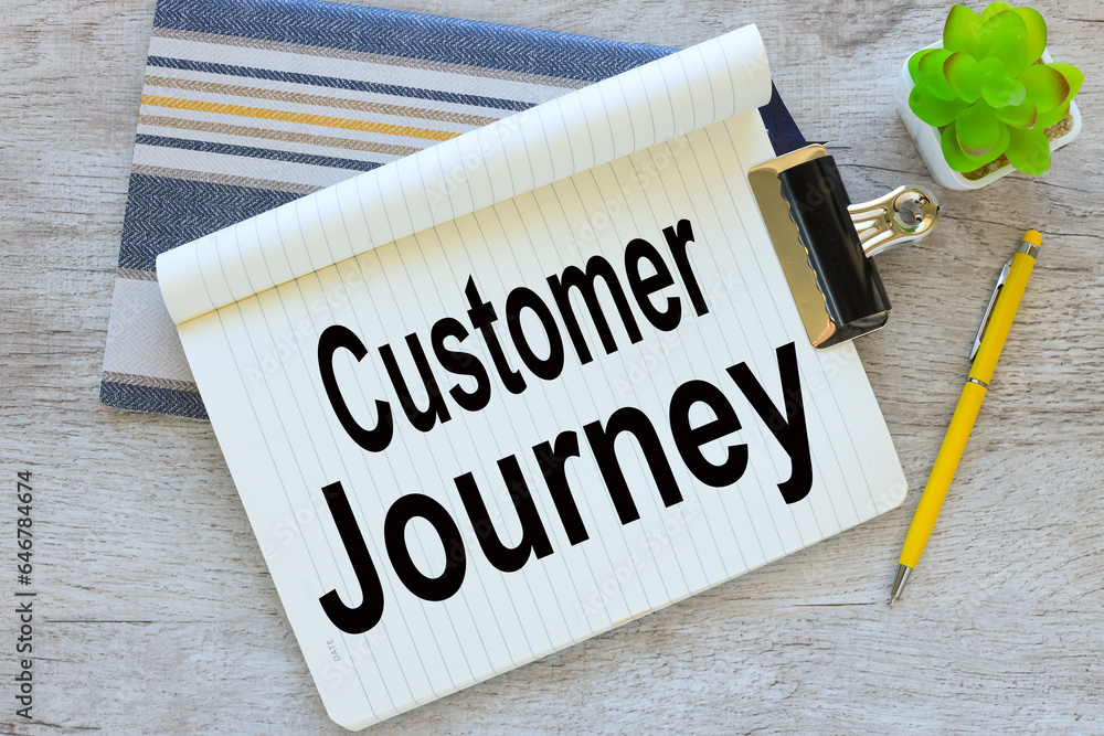 Poster customer journey top view of a page with text. two notepads on the table