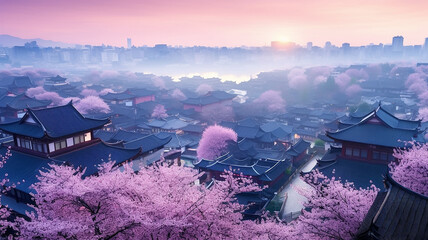 spring landscape with sakura in pink flowers landscape in an ancient Chinese city with a canal and a river. - obrazy, fototapety, plakaty