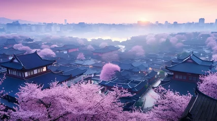 Schilderijen op glas spring landscape with sakura in pink flowers landscape in an ancient Chinese city with a canal and a river. © kichigin19