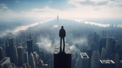 a man stands on the roof of a skyscraper overlooking the metropolis.