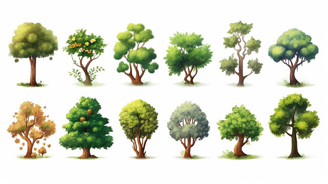 collection of cartoon painted trees.