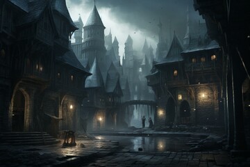 Ancient city, Gothic buildings, somber ambience. Generative AI