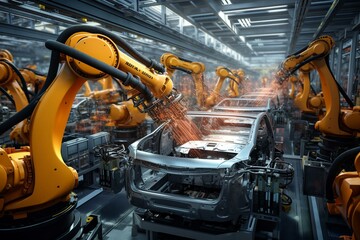 Overhead car factory with robotic arm assembly line manufacturing. Generative AI