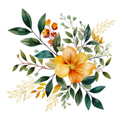 Watercolour botanical composition with orange flowers, foilage and golden elements. Autumn Bouquet isolated. Botanical print, poster, wall art
