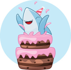 Cute Cartoon Birthday Cake with Happy Blue Shark. Funny Shark Jumping Out of Cake. Vector Illustration.