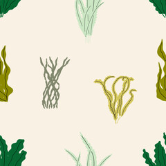 Coral. Underwater plant. Vector seamless pattern in scandinavian style. Seaweed.