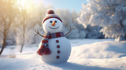 Obraz premium Happy snowman in winter scenery with copy space. Snowman in a cap and a scarf