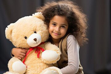 Indian small girl playing with teddy bear or hugging