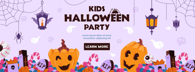 Halloween kids party invitation vector banner. Halloween banner with pumpkins and sweets.
