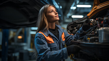 A female engineer repairs a car - obrazy, fototapety, plakaty