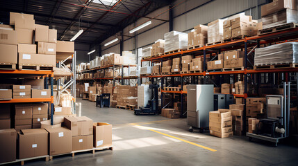 An empty warehouse aisle with neatly arranged shelves filled with boxes, and a forklift truck standing next to it