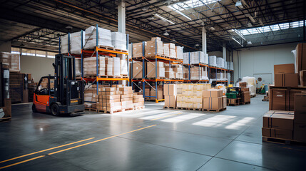 An empty warehouse aisle with neatly arranged shelves filled with boxes, and a forklift truck standing next to it