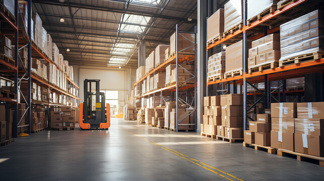 An empty warehouse aisle with neatly arranged shelves filled with boxes, and a forklift truck standing next to it