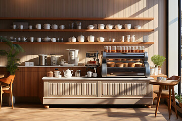 Modern, luxury design cafe, corrugated counter with espresso machine, grinder, coffee cup, cake display fridge