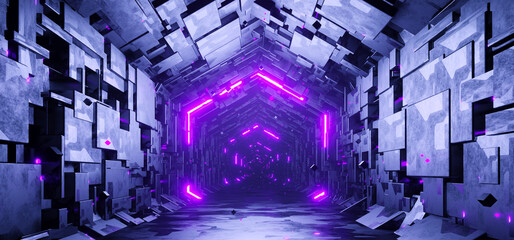 Sci-fi hexagonal empty tunnel with glowing neon particles background