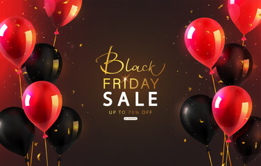 Web Banner Black Friday Sale.Black and red balloons and flying streamers. Creative luminous design.Vector illustration.
