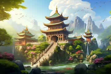 Traditional oriental temple surrounded by lush greenery and majestic peaks, portrayed in animated art style. Generative AI
