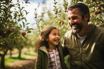 Father and little daughter visit an apple orchard, rejoice, harvesting apples in the garden, fresh air and fresh fruit.
