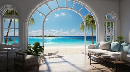 Obraz na płótnie Canvas The view from the open window overlooks the white sandy beach