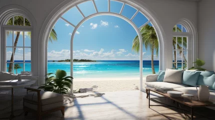 Foto op Canvas The view from the open window overlooks the white sandy beach © MBRAMO