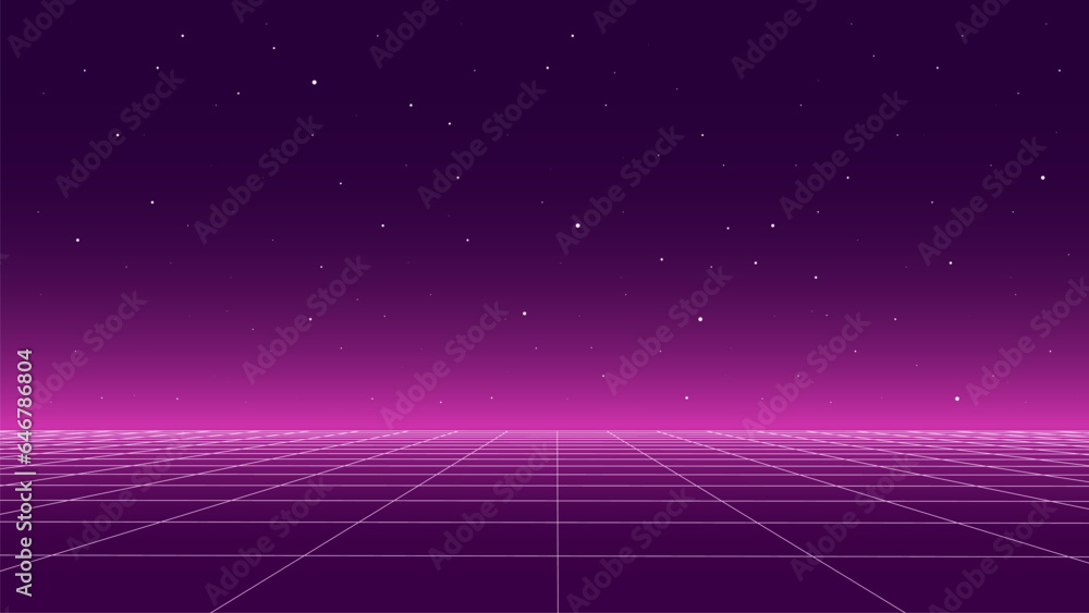 Poster technology background perspective retro grid. futuristic cyber surface 80s - 90s styled. vector pink