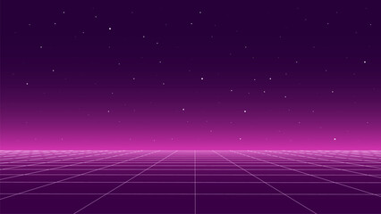Technology background perspective retro grid. Futuristic cyber surface 80s - 90s styled. Vector pink mesh on colors background. Digital space wireframe landscape.