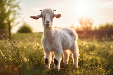 Grass green farming cute rural goat animals domestic baby landscape sun