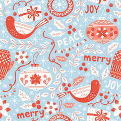 Vector seamless Christmas pattern with birds and ornaments