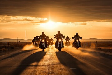 Group of bikers man riding speed motorcycle on empty motion road against beautiful golden sunset...