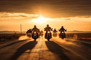 Foto op Aluminium Group of bikers man riding speed motorcycle on empty motion road against beautiful golden sunset with dusky sky. Collective of motorcyclist cruising together. © Stavros