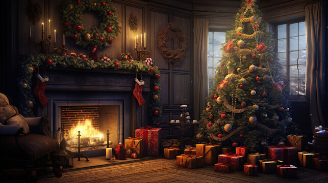 Nice christmas scene in a house with bonfire and lots of presents under the christmas tree