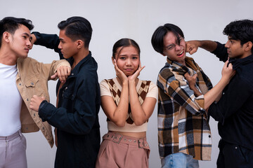 A simple and sweet woman worries over four men fighting with each other to win her love. Isolated...