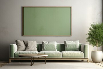 Modern interior with calm green living room, featuring a mock-up poster frame. Luxurious style portrayed through 3D rendering and illustration. Generative AI