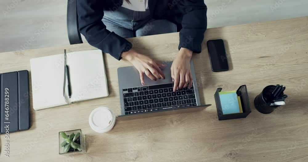 Poster hands, person above and typing on laptop with email and website developer project in a office. digit