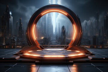 Abstract technology hud interface hologram elements neon lights, circle percent vitality innovation on hi tech future design. Generative AI