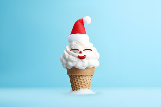 Santa Claus ice cream on light blue background. Santa Claus red hat on soft serve vanilla ice cream in crispy cone. Christmas holiday concept, new year party or special event	