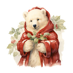 Christmas Polar Bear Watercolor Clipart, Animal in Christmas Decoration, Holly, Christmas Tree and Poinsettia Art 