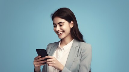 Fototapeta premium A happy brunette girl, standing isolated on a light blue background, with smartphone