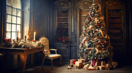 Fototapeta na wymiar Beautiful decorated Christmas Tree in room - ai generative