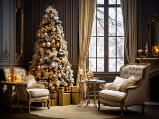 Beautiful decorated Christmas Tree in room - ai generative