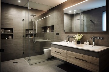 Modern bathroom with a contemporary shower and stylish double sink. Generative AI - obrazy, fototapety, plakaty