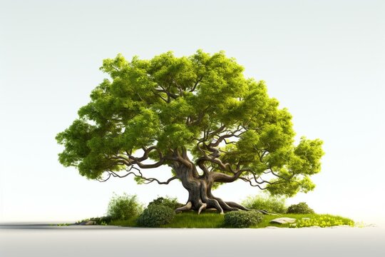 3D illustration of a white backdrop with a green oak tree. Generative AI