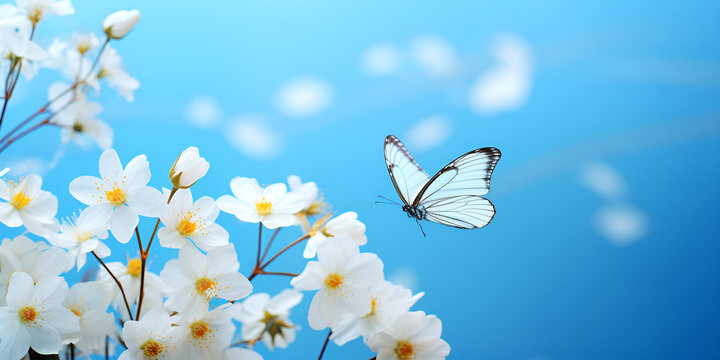 Blossom tree over nature background with butterfly. Spring flowers.