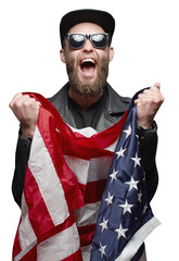 Patriot hipster man holding emotionally american usa flag