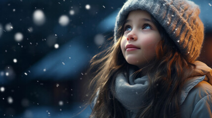 Toddler child cheerfully looking up at falling snow in winter or christmas season